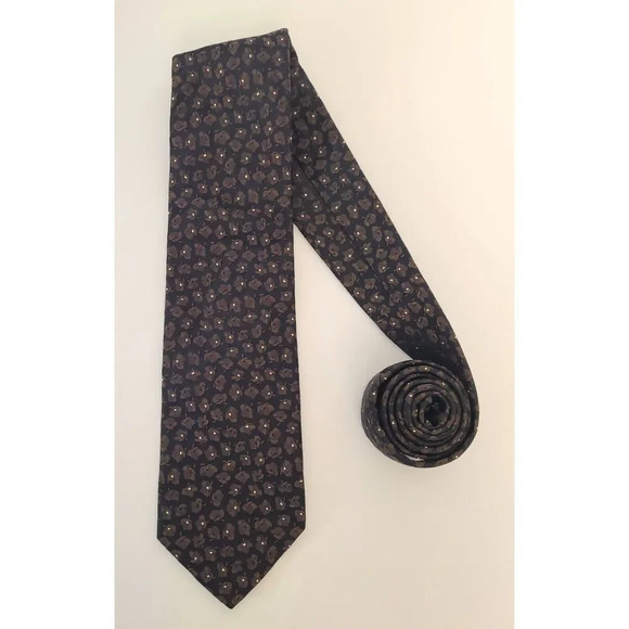 HUGO BOSS Men's 100% Silk 58" Neck Tie in Black with Brown Flowers - Picture 2 of 6